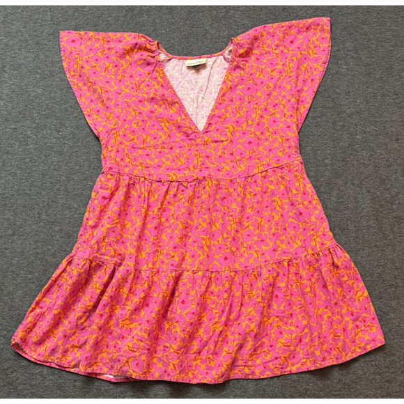 Universal Thread V-Neck Dress Pink Floral Linen Tiered Peasant Boho - Size L - Picture 1 of 7